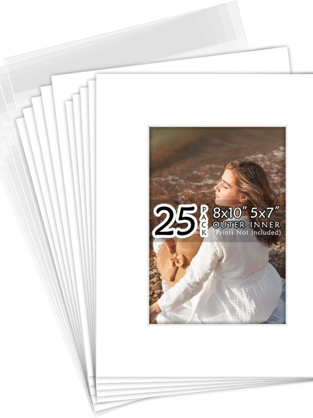 25 Pack White Mat 8x10 for 5x7 Photo Matte+Backings+Bags